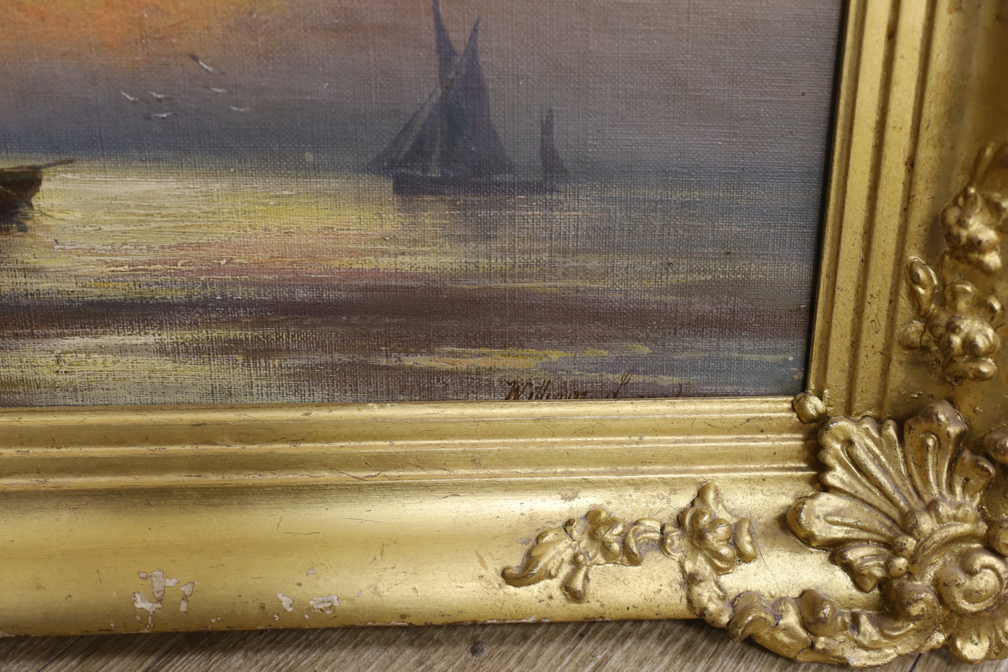 William Langley (1852-1922) oil on canvas, 'Sunset fishing, Luggers', signed, inscribed verso, 23 x 39cm, ornate gilt framed